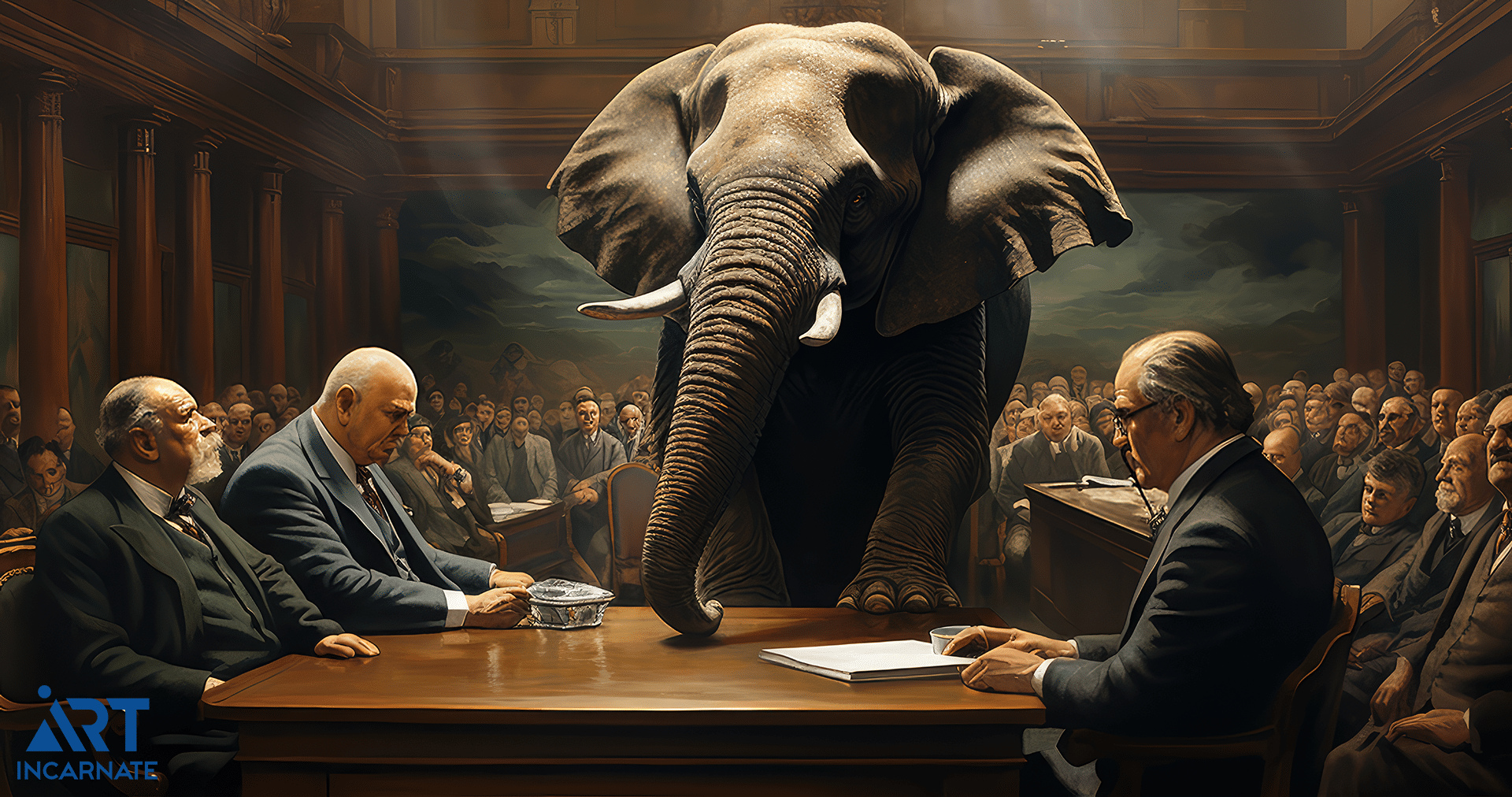 An image of an elephant standing in a courtroom packed with people arguing about copyright