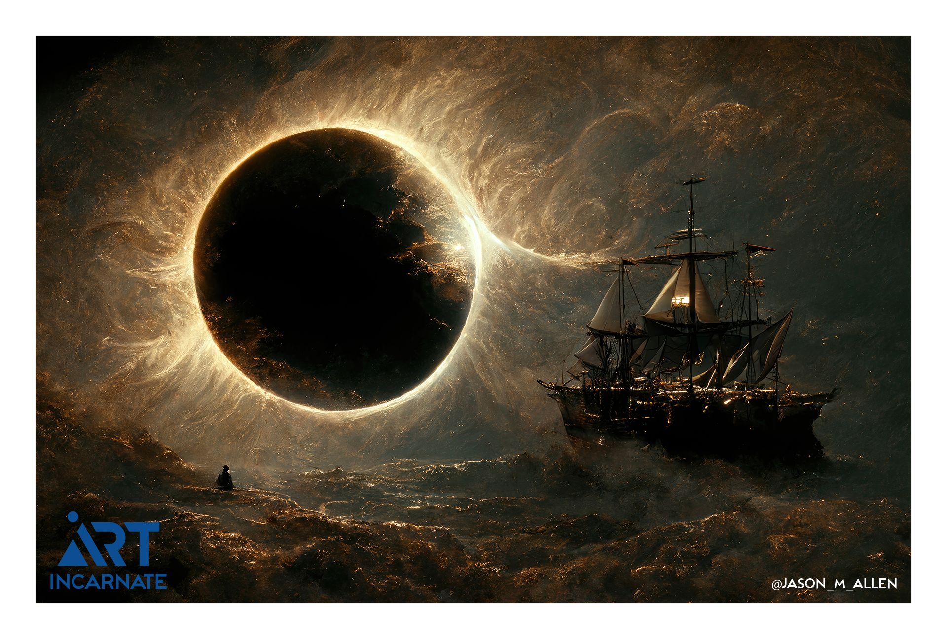 An art project showing an eclipsed sun with flares all around. There is a ship on a turbulent sea, appearing to sail directly towards the giant eclipsed sun.