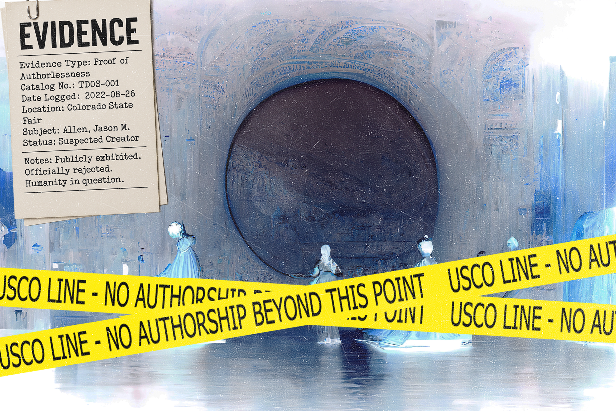 Forensic-style evidence overlay of Théâtre D’opéra Spatial with “USCO LINE — NO AUTHORSHIP BEYOND THIS POINT” crime tape and an evidence tag, symbolizing the Copyright Office’s denial of human authorship for AI Art Copyright.